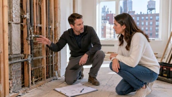 Project manager explaining an unexpected plumbing condition to a homeowner during a Manhattan apartment renovation, demonstrating a transparent change-order process and informed budget decision-making.