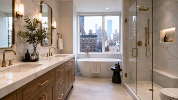 Completed luxury Manhattan apartment renovation featuring an open-concept kitchen, dining, and living space with custom millwork, premium finishes, abundant natural light, and authentic New York City views.
