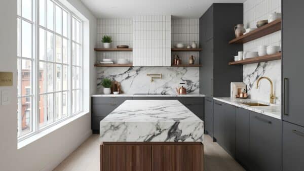 Meticulously executed luxury kitchen renovation with charcoal gray cabinets, white quartz island, and large window looking out onto NYC buildings.