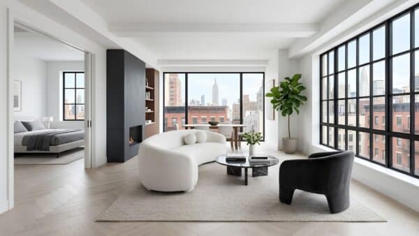High-end open-concept Manhattan co-op apartment renovation featuring herringbone wood floors, a slate fireplace, and skyline views.