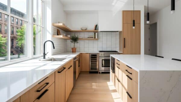 Modern luxury kitchen renovation in a Brooklyn condo with white marble countertops, light oak cabinetry, and natural daylight.