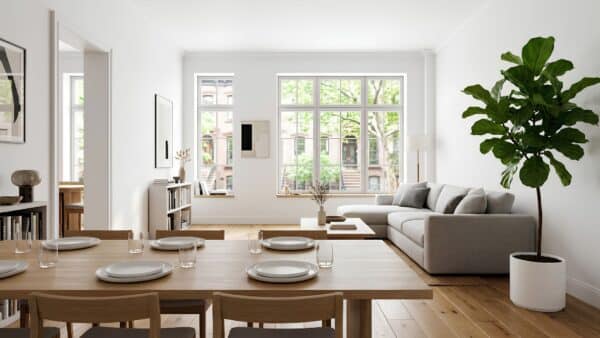 urnkey move-in ready apartment renovation in Brooklyn with an immaculate, bright open-concept living and dining area.