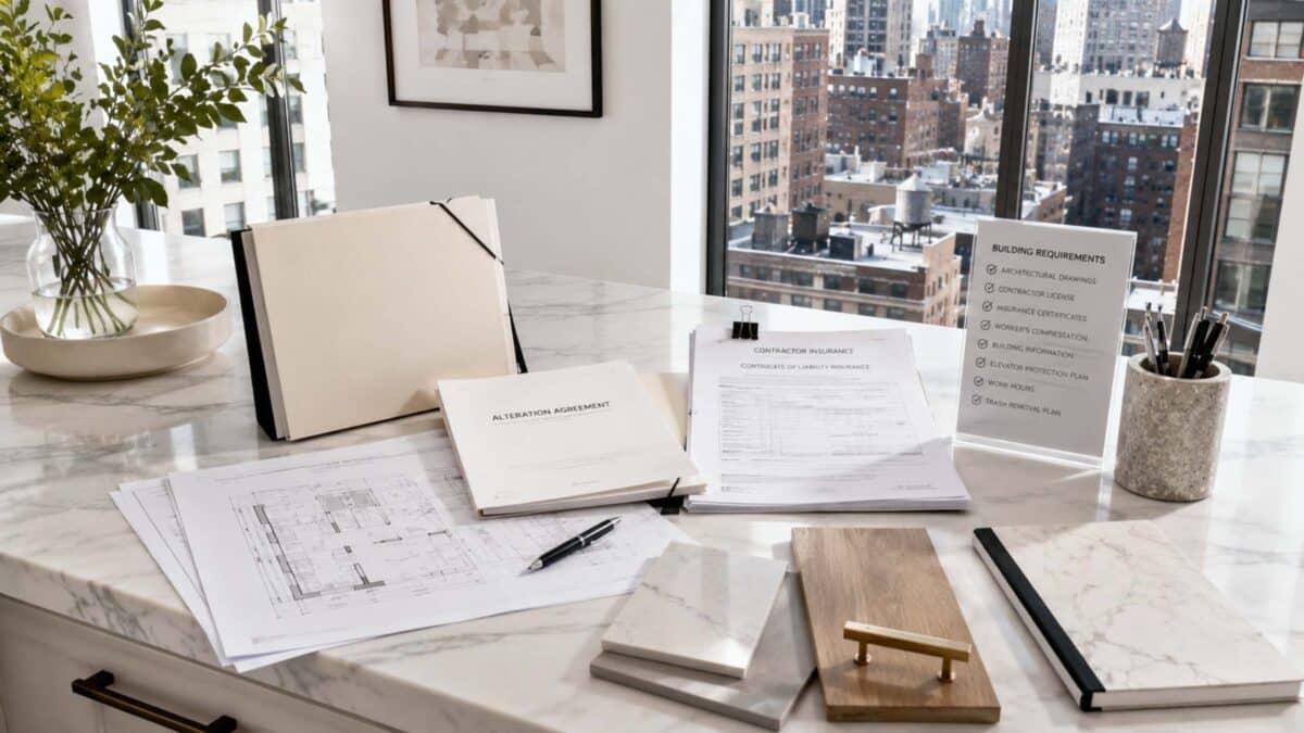 Architectural drawings, contractor documentation, material samples, and renovation paperwork arranged in a bright Manhattan apartment setting, representing the building approval requirements for an NYC kitchen remodel.