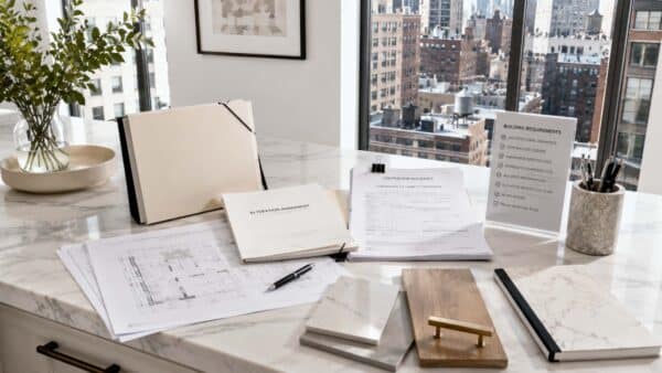 Architectural drawings, contractor documentation, material samples, and renovation paperwork arranged in a bright Manhattan apartment setting, representing the building approval requirements for an NYC kitchen remodel.