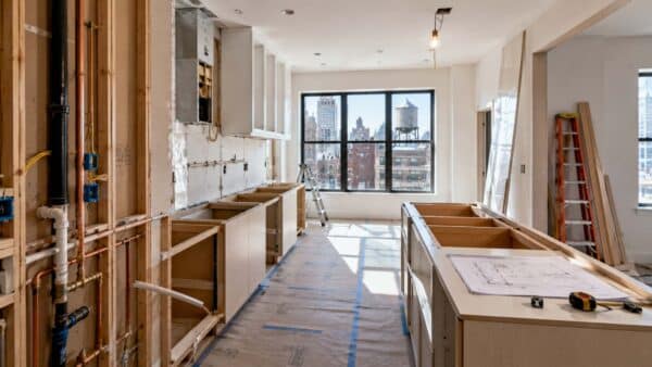 Kitchen renovation in progress inside a Manhattan apartment featuring exposed plumbing, rough electrical work, partially installed cabinetry, and protected flooring, illustrating the permit and construction requirements of an NYC kitchen remodel.