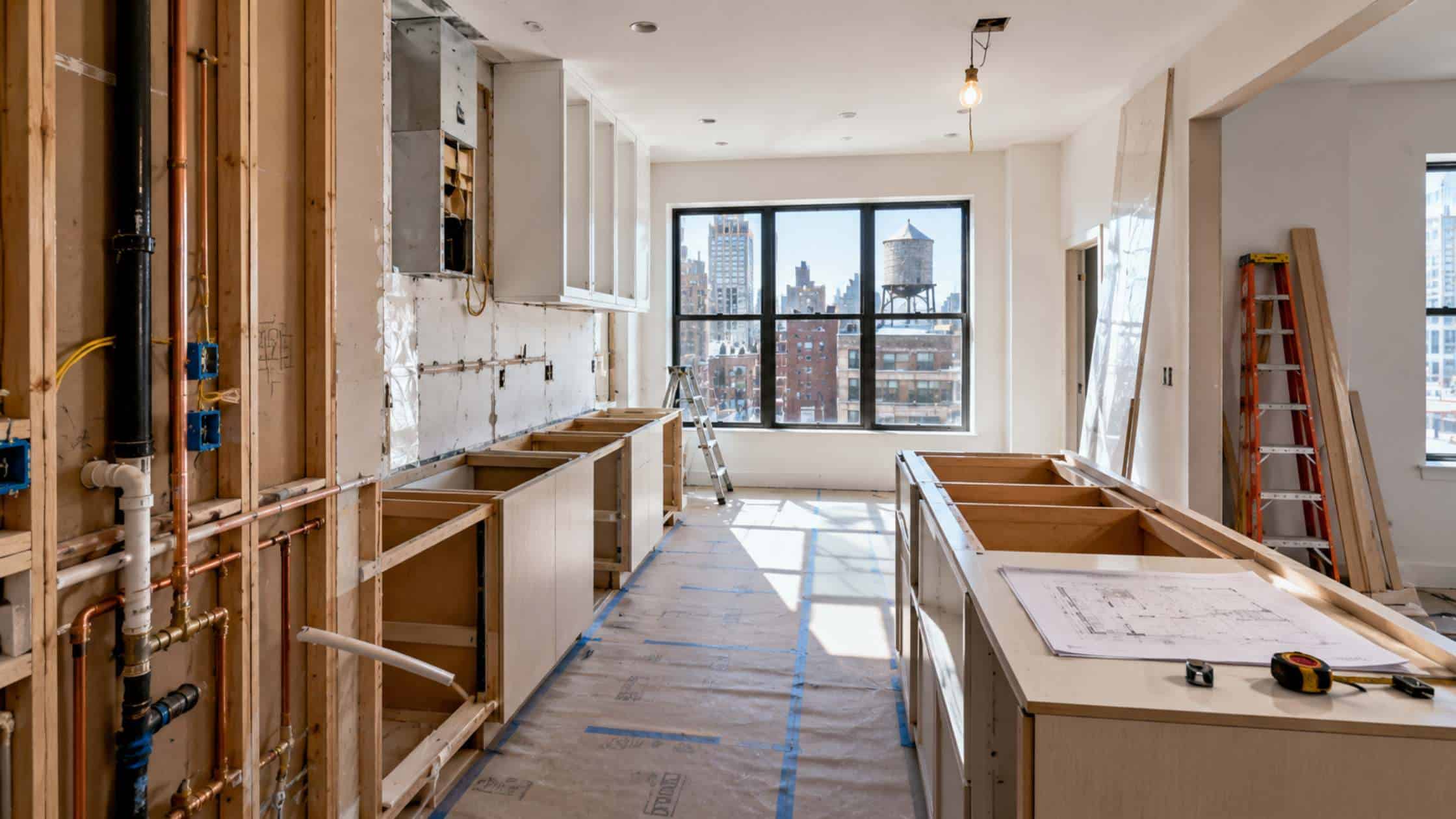 Kitchen renovation in progress inside a Manhattan apartment featuring exposed plumbing, rough electrical work, partially installed cabinetry, and protected flooring, illustrating the permit and construction requirements of an NYC kitchen remodel.