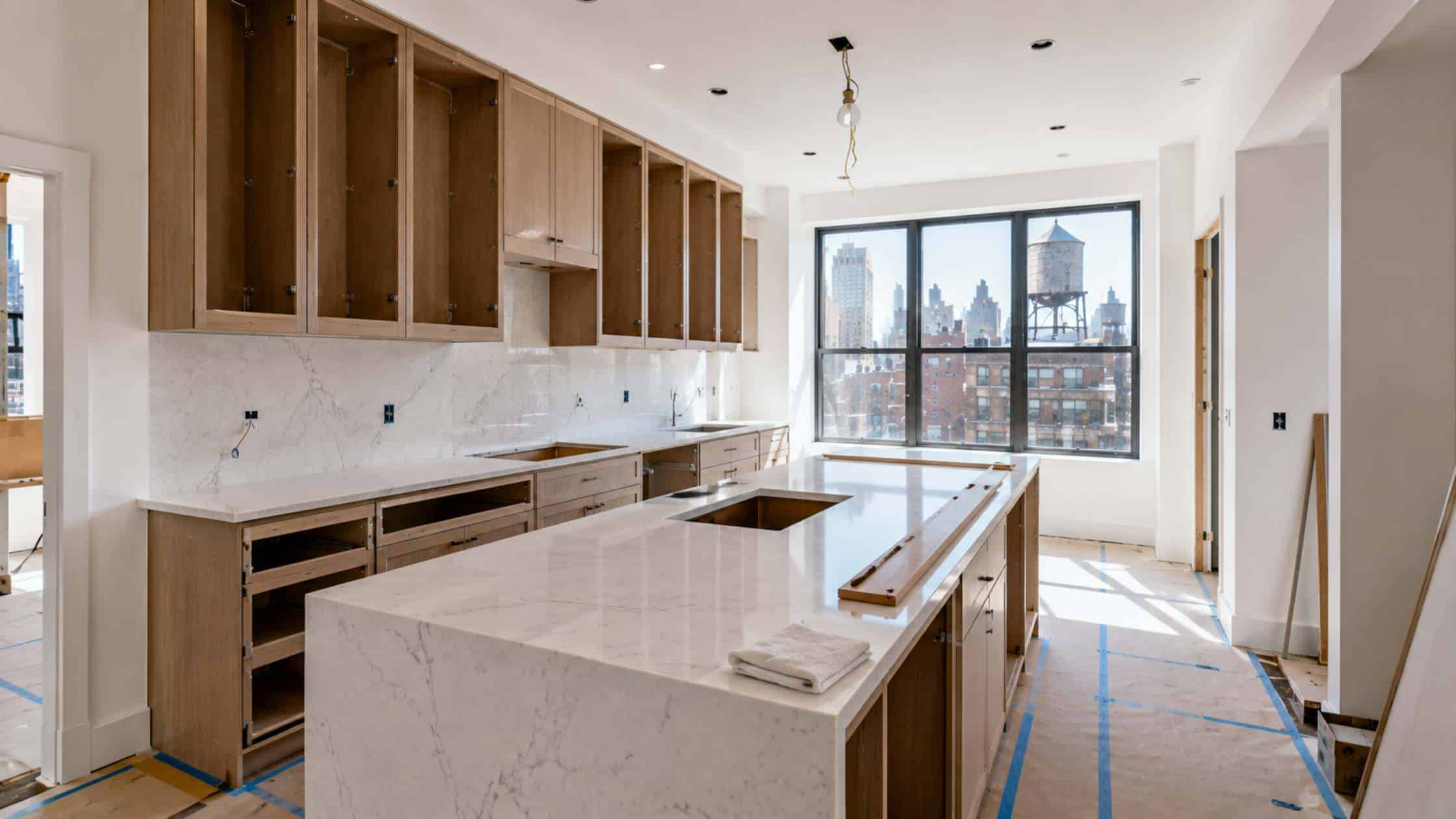 Custom kitchen cabinetry, quartz countertops, and an oversized island being installed in a Manhattan apartment renovation, illustrating the construction and finishing stages that impact NYC kitchen remodel timelines.