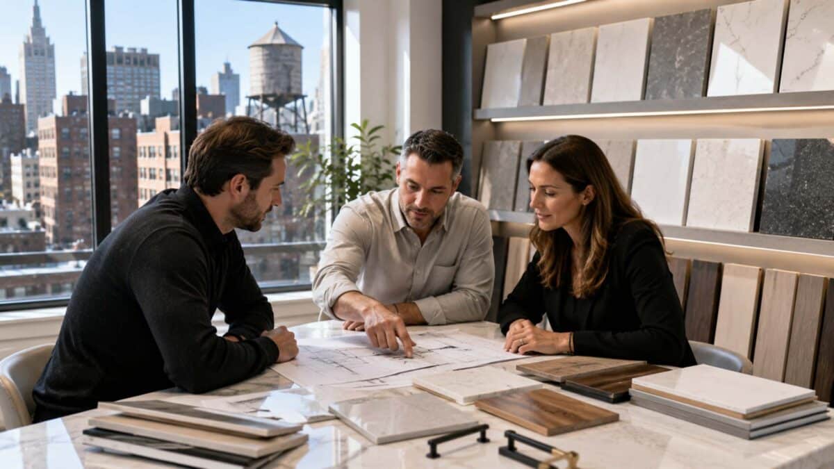 Completed luxury Manhattan kitchen renovation featuring custom cabinetry, premium appliances, quartz countertops, abundant natural daylight, and authentic New York City views, showcasing the finished result of a well-planned NYC kitchen remodel.
