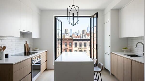 Beautiful modern open kitchen renovation in a classic NYC co-op with bright natural lighting and views of the city.