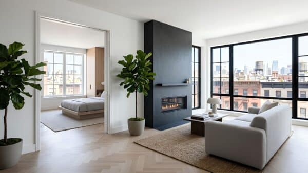 Luxurious open-concept living space in a finished NYC co-op apartment renovation with herringbone floors and clear city views.