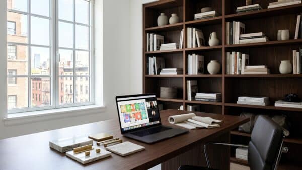 Premium home office setup in an NYC co-op showcasing a laptop with layout designs and material samples bathed in bright daylight.