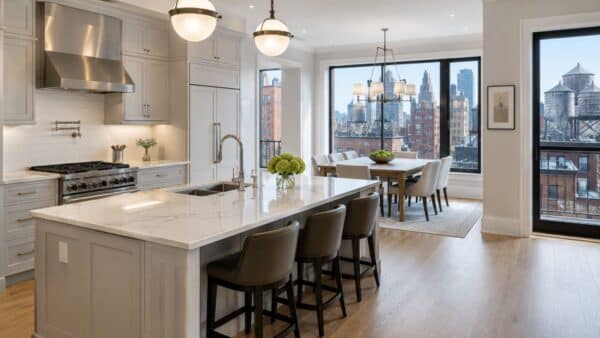 Completed luxury Manhattan kitchen renovation featuring custom cabinetry, quartz countertops, premium appliances, abundant natural daylight, and authentic New York City views, showcasing the quality craftsmanship homeowners should expect from an experienced renovation contractor.