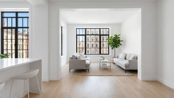 Premium open-concept apartment renovation in a New York City high-rise featuring wide windows with views of the Manhattan skyline.
