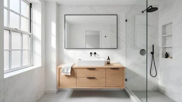 Flawlessly executed luxury bathroom renovation in an NYC apartment featuring crisp white marble walls and a light oak floating vanity.