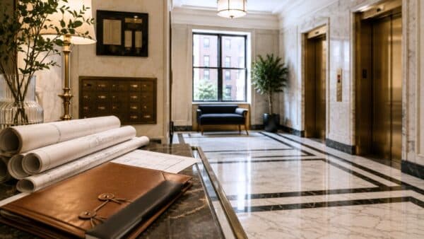 Elegant Manhattan co-op lobby featuring marble floors, brass elevator doors, mailboxes, and architectural plans, representing the board approval and alteration agreement process before an apartment renovation.