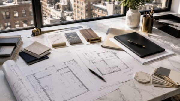 Architectural drawings, material samples, renovation plans, and contractor documentation arranged on a bright marble workspace overlooking Manhattan, representing the planning and documentation required for an NYC alteration agreement.
