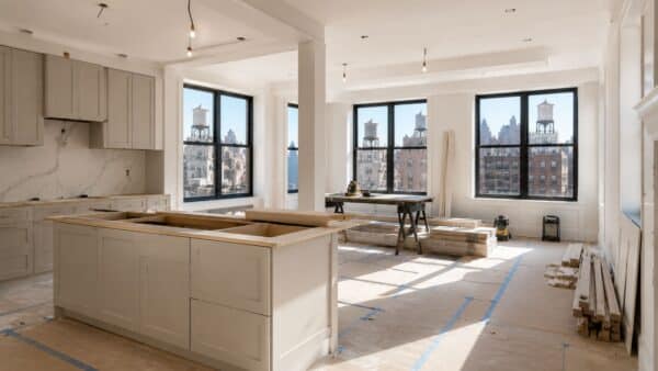 Luxury Manhattan apartment renovation in progress featuring partially installed custom cabinetry, a kitchen island under construction, protected floors, abundant natural daylight, and authentic New York City rooftop views.