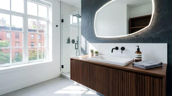 High-contrast luxury bathroom renovation featuring a textured walnut vanity, dark slate accent wall, and bright architectural lighting.