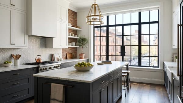 Elegantly styled Manhattan pre-war kitchen renovation featuring dark charcoal cabinetry, rich marble surfaces, and a historic multi-pane window.