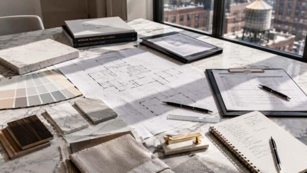 Architectural drawings, material samples, renovation documentation, and design selections arranged on a marble table in a bright Manhattan showroom, representing the planning process before a full co-op renovation.