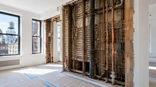 Exposed plumbing, original lath-and-plaster construction, and aging building infrastructure revealed during a pre-war Manhattan co-op renovation, highlighting common hidden conditions discovered behind walls.