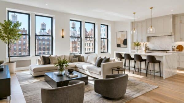 Completed luxury Manhattan co-op renovation featuring an open-concept kitchen and living area, custom millwork, premium finishes, abundant natural daylight, restored architectural details, and authentic New York City views.
