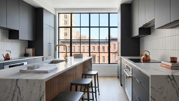 Pristine luxury kitchen renovation featuring fluted oak cabinetry, white quartz countertops, and a grand window looking out over a classic NYC block.
