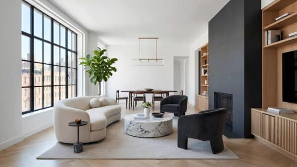 High-end open-concept apartment renovation in a Manhattan co-op building with herringbone wood floors, a custom slate fireplace, and skyline views.