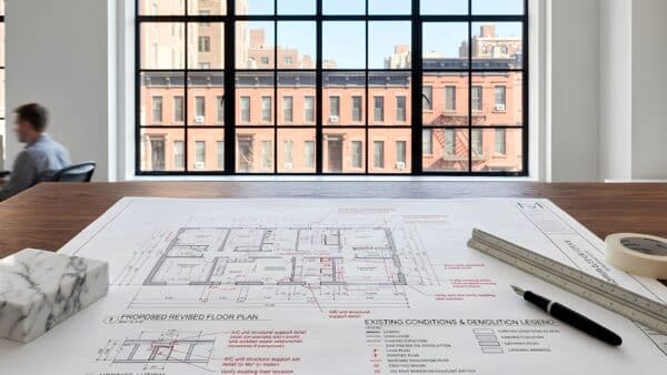Detailed architectural blueprints and marble finish swatches spread across a walnut desk near a large window overlooking NYC co-op buildings.