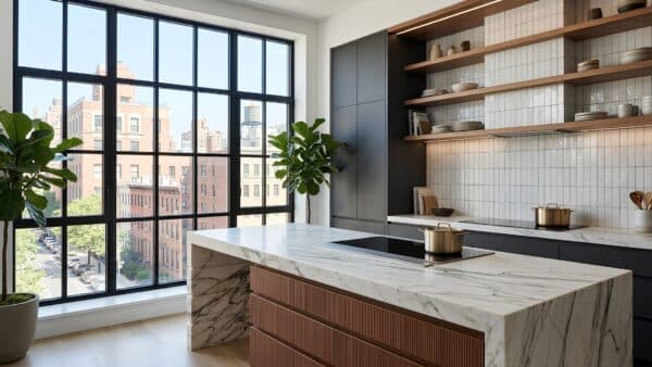 Exquisitely corrected luxury kitchen renovation with charcoal cabinets, white quartzite island, and views of Greenwich Village brownstones.