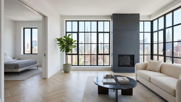 High-end open-concept apartment renovation in New York City with herringbone wood floors, a custom slate fireplace, and skyline views.