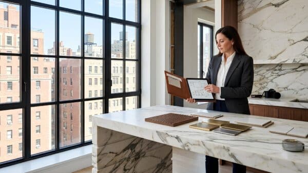 Renovation expert evaluating a project on a tablet alongside material swatches on a marble kitchen island in front of a Manhattan window.