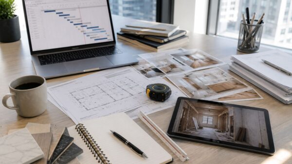 Modern renovation project management workspace used to coordinate communication and project updates.