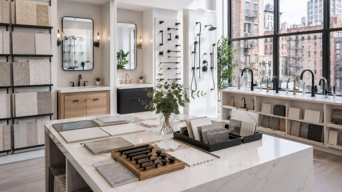 Luxury Manhattan bathroom showroom displaying vanities, porcelain tile, premium plumbing fixtures, and finish selections for a 5x7 bathroom renovation.