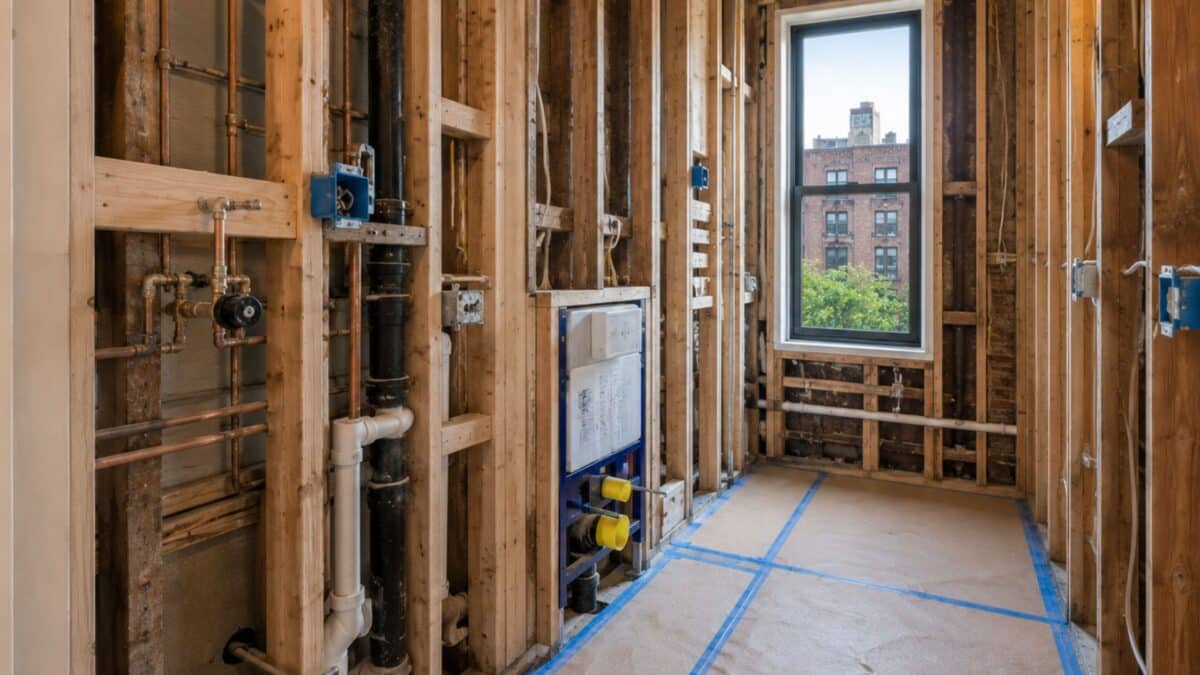 NYC apartment bathroom under renovation with exposed plumbing, framing, and electrical systems during a full gut remodel.