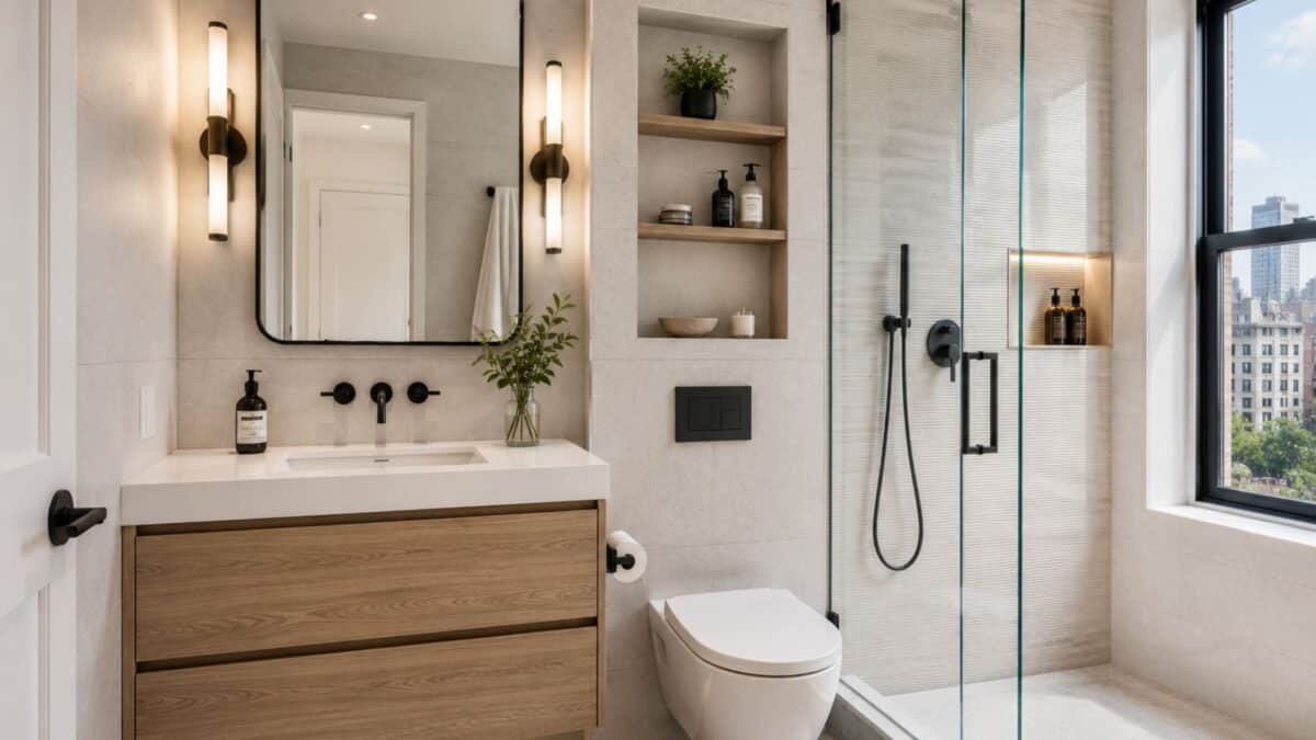 Bright 5x7 Manhattan bathroom renovation featuring a floating vanity, wall-hung toilet, frameless glass shower, and space-saving modern design.