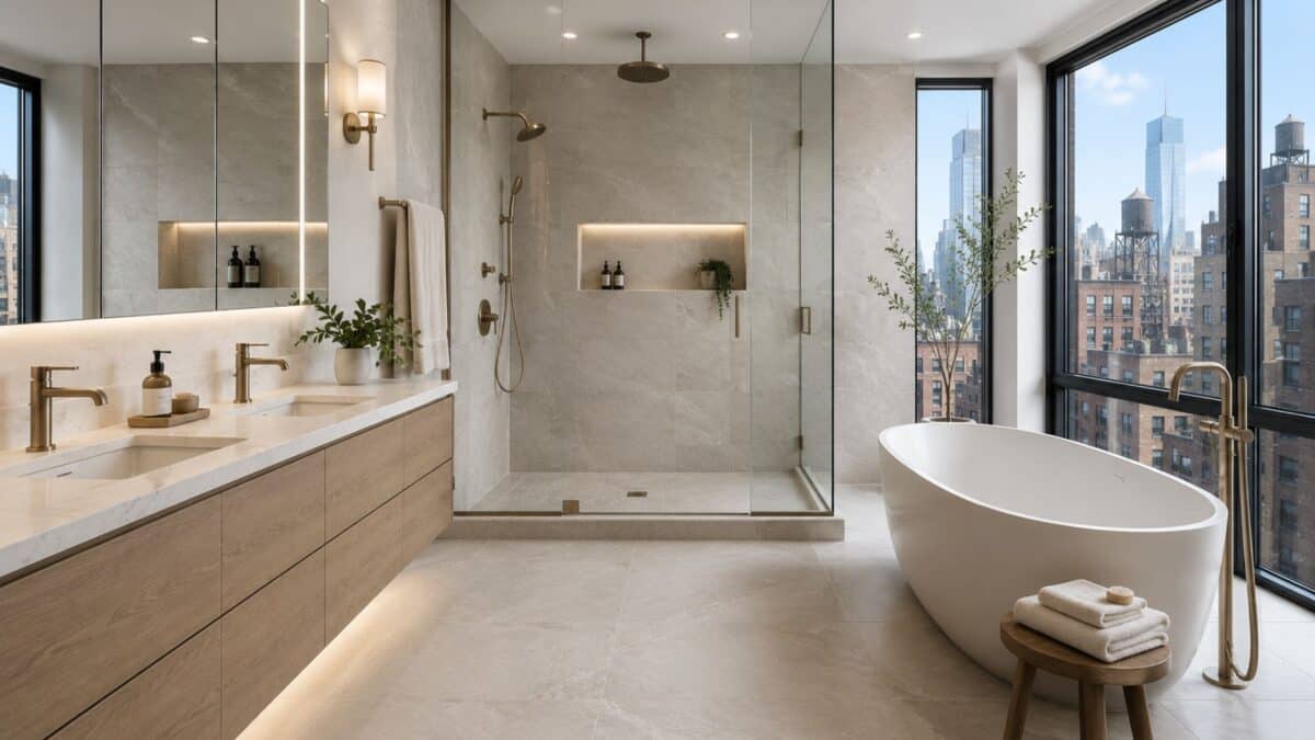 Luxury Manhattan bathroom featuring a curbless walk-in shower, floating vanity, premium stone finishes, abundant natural daylight, and spa-inspired design.