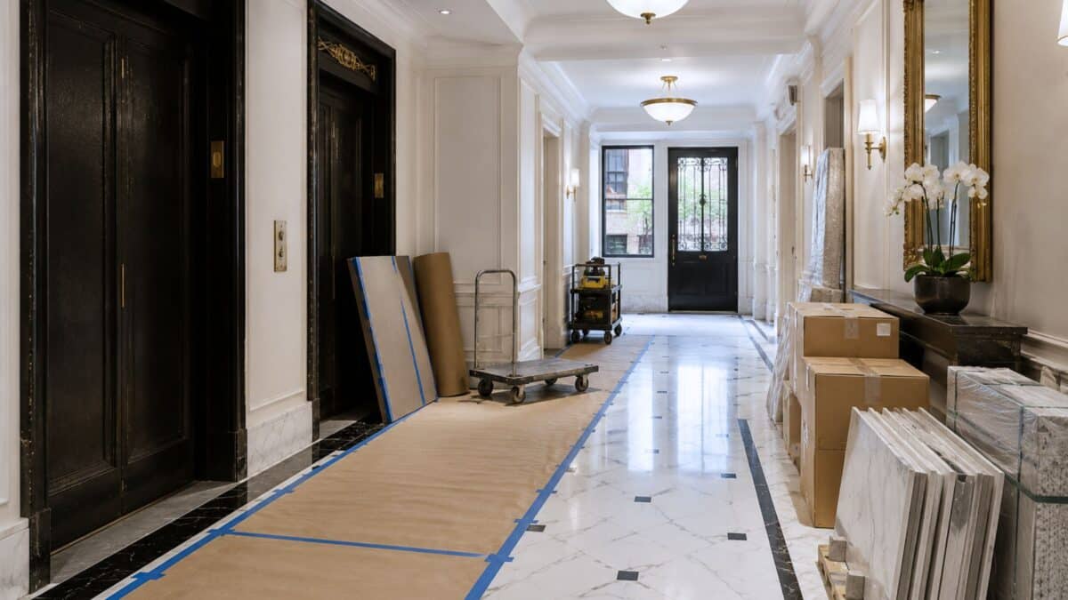 Elegant Manhattan co-op building lobby with protective floor coverings and renovation logistics, representing building requirements and approvals for bathroom remodeling.