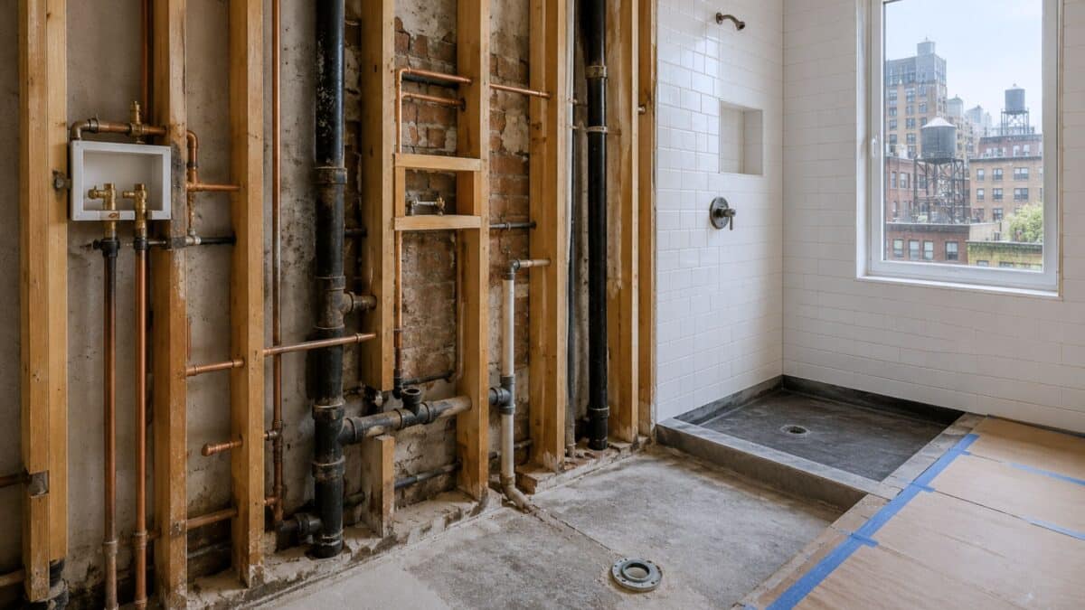 Pre-war Manhattan bathroom under renovation with exposed plumbing, waterproofing, and behind-the-wall infrastructure that can affect renovation costs.