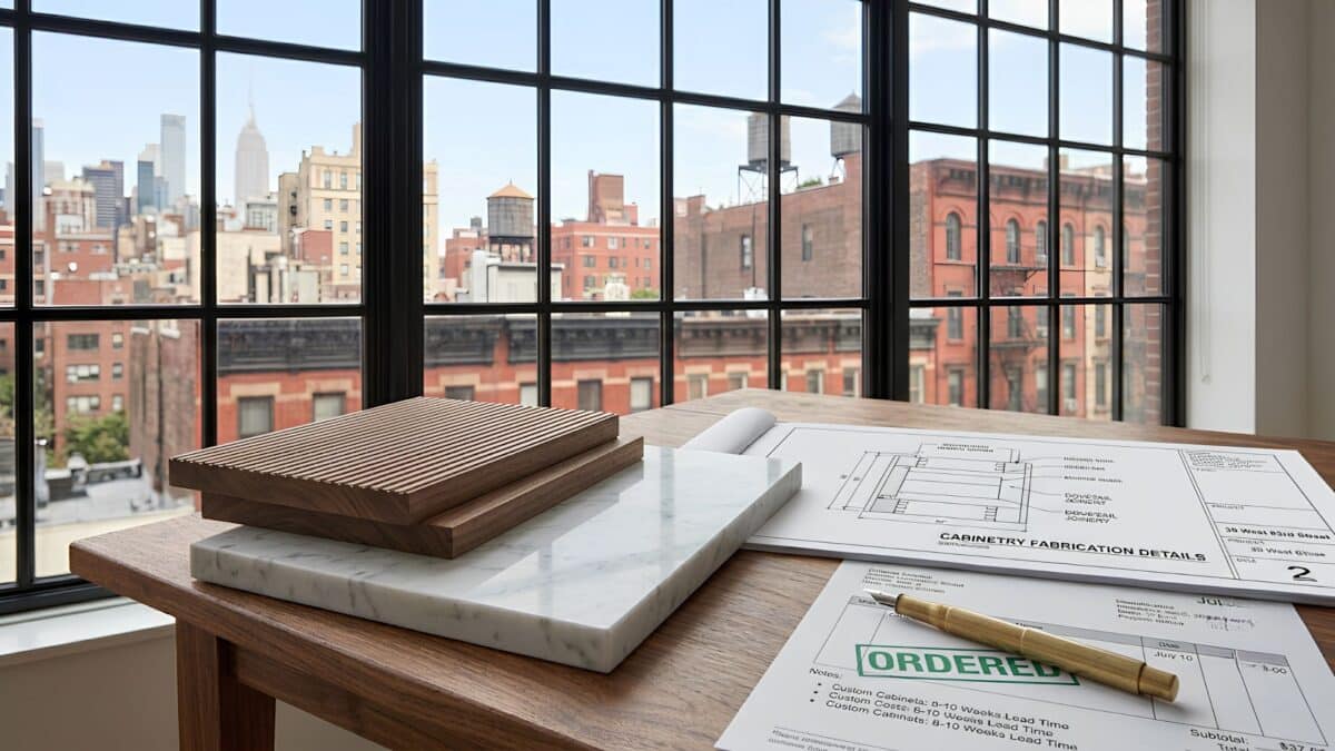 Layered luxury material swatches, a cabinetry joinery blueprint, and an ordered invoice illustrating proactive procurement logistics.