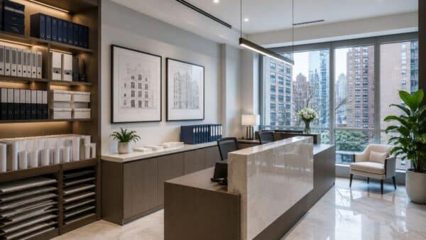 Professional apartment building management office representing renovation approvals and project coordination.