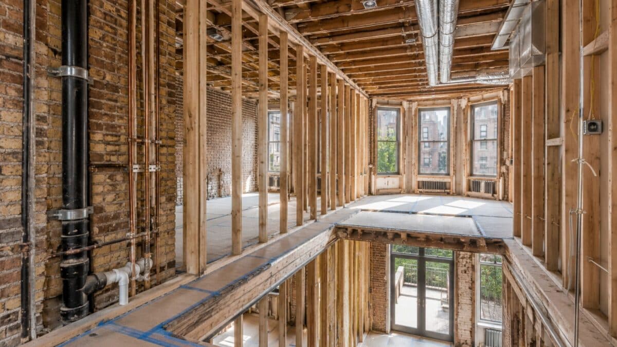 Historic NYC townhouse during structural renovation with exposed framing, plumbing, electrical systems, and mechanical infrastructure before conversion into a single-family home.