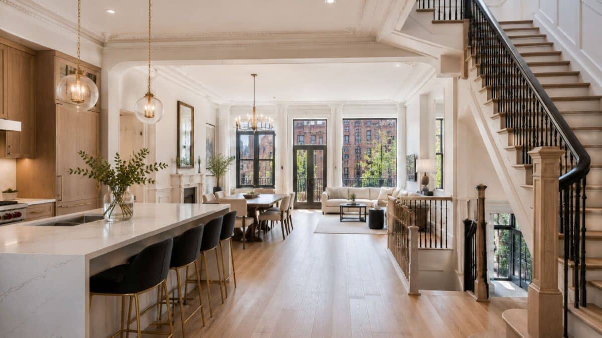 Bright renovated Brooklyn brownstone featuring an open-concept layout, restored architectural details, custom millwork, and a unified single-family living space.
