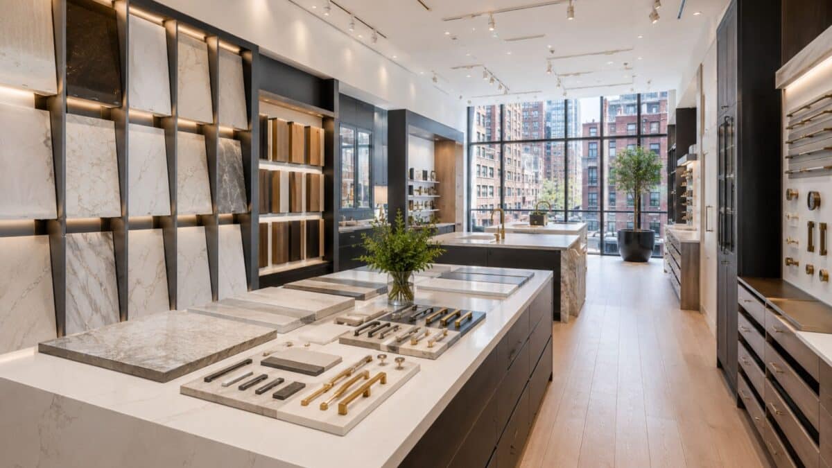 Luxury Manhattan renovation showroom with custom cabinetry, quartz countertops, flooring, and premium finish selections for a full apartment renovation.