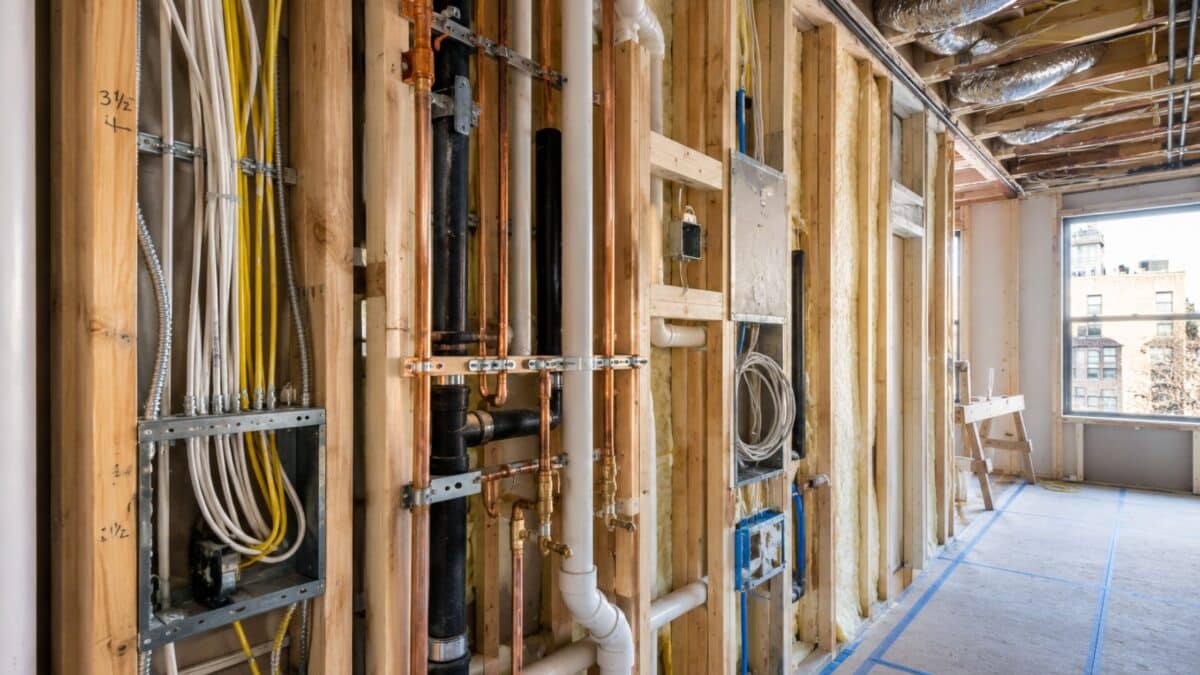 Behind-the-wall infrastructure including plumbing, electrical, and framing during a Manhattan apartment gut renovation.