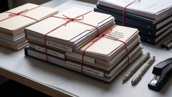 A photograph of coordinated, neatly stacked generic bureaucratic folders and forms, generically labeled as 'DOB Permits' and 'Board Alteration Agreement Package,' secured with surveyor's tape, symbolizing successful coordination.