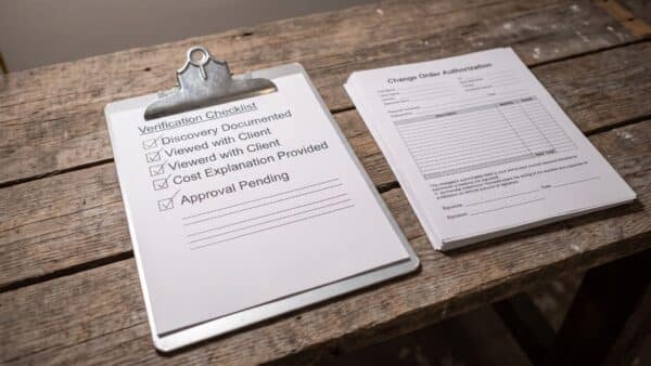 A close-up photograph focused on a renovation clipboard resting on a dusty workbench. A checklist is visible with checked items for 'Stop Work', 'Condition Documented', and 'Approval Pending', signifying a professional change-order protocol.