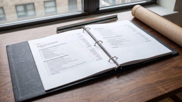 A detailed photograph of a large, opened professional proposal binder made of generic dark leatherette, resting flat on a polished walnut table near blueprints. The open binder pages show itemized costs and specific allowances for pre-war infrastructure surprises, contrasting the raw environmental chaos