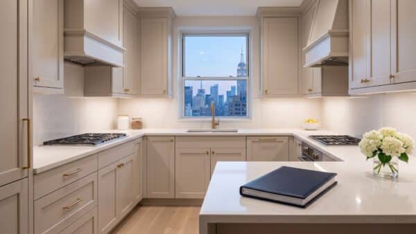 beautifully lit, softly modern NYC kitchen (pristine quartz counter, shaker cabinets)