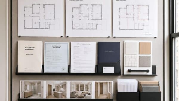 Professional renovation submission display with architectural drawings and contractor documentation.